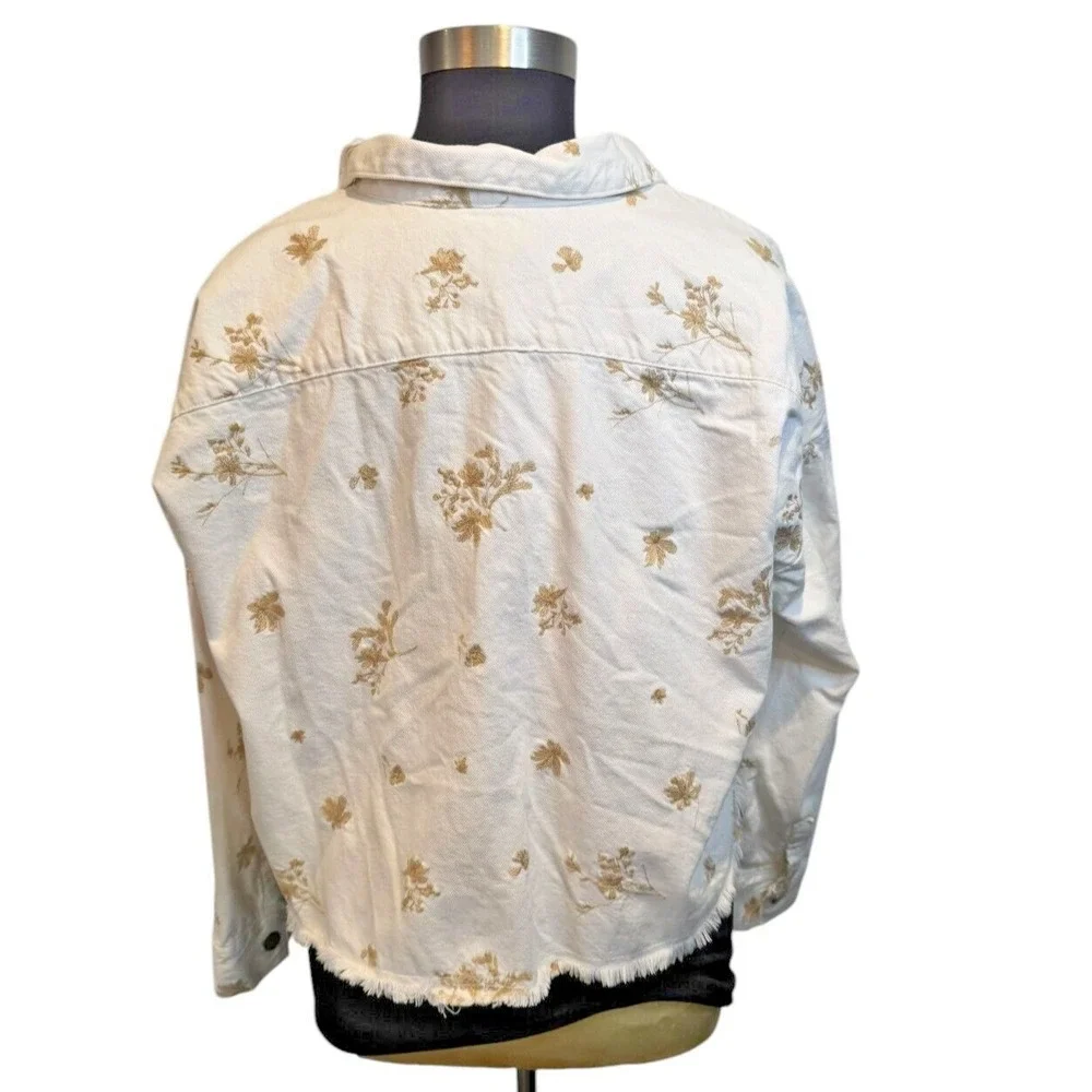 Zara denim‎ jacket jean shirt white metallic floral embroidery medium NWT